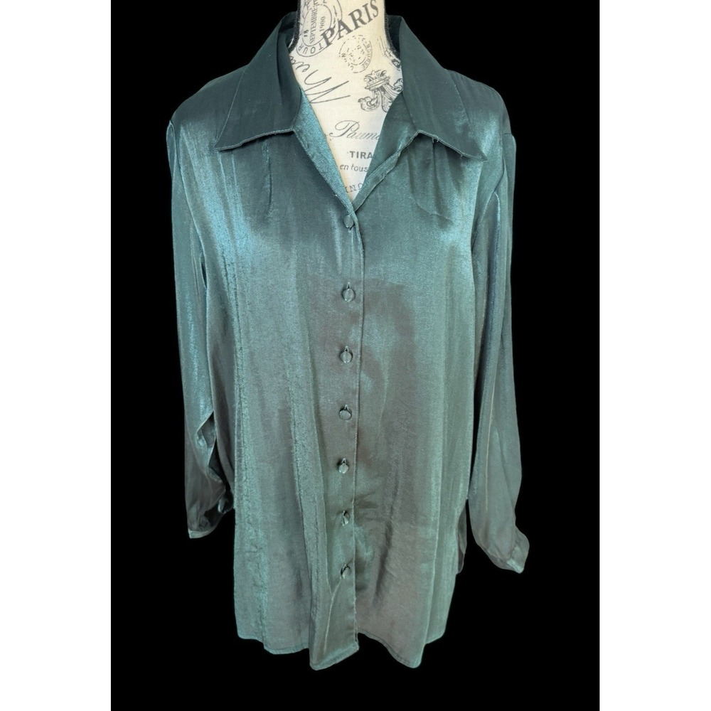 Notations Satin Sheen Blouse Vtg Silky 16W Green Button 90s Y2K Holiday‎ Party